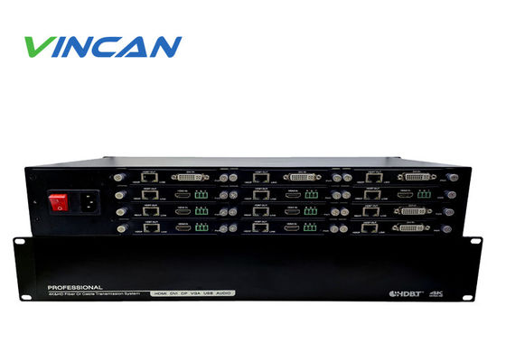 Extensor HDBaseT profissional instalado em rack. Transmissão sem perdas 4K@60Hz, até 100m.